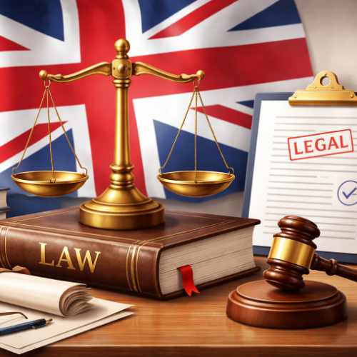 Conceptual illustration of UK legal system and justice scales