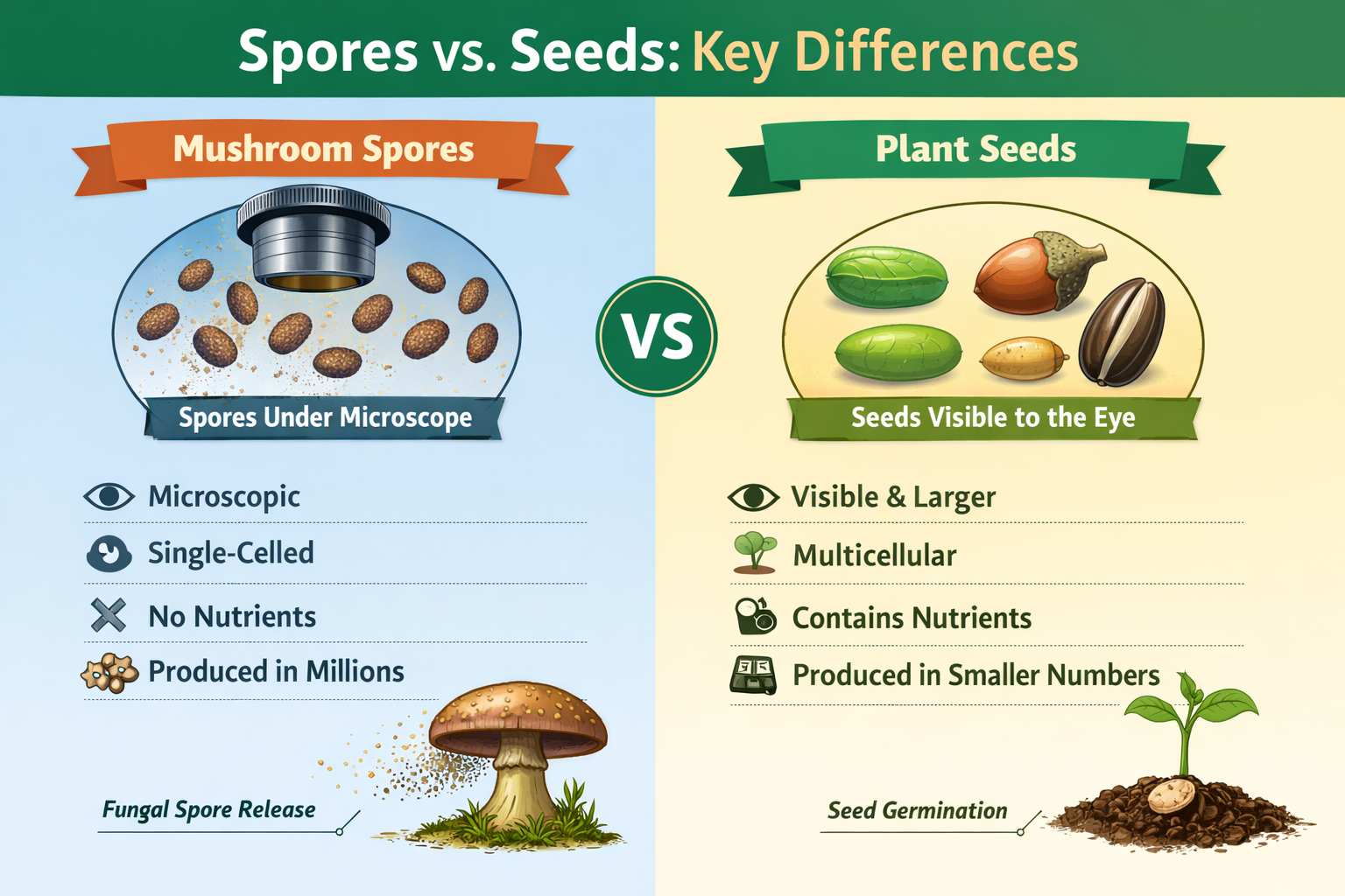 Mushroom spores under microscope vs seeds